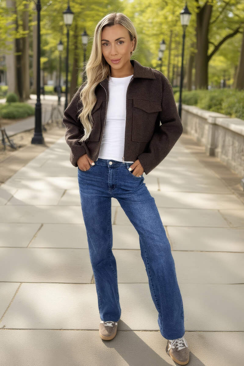 Chocolate Marl Zip Up Pocket Detail Boxy Jacket - Swimclubus