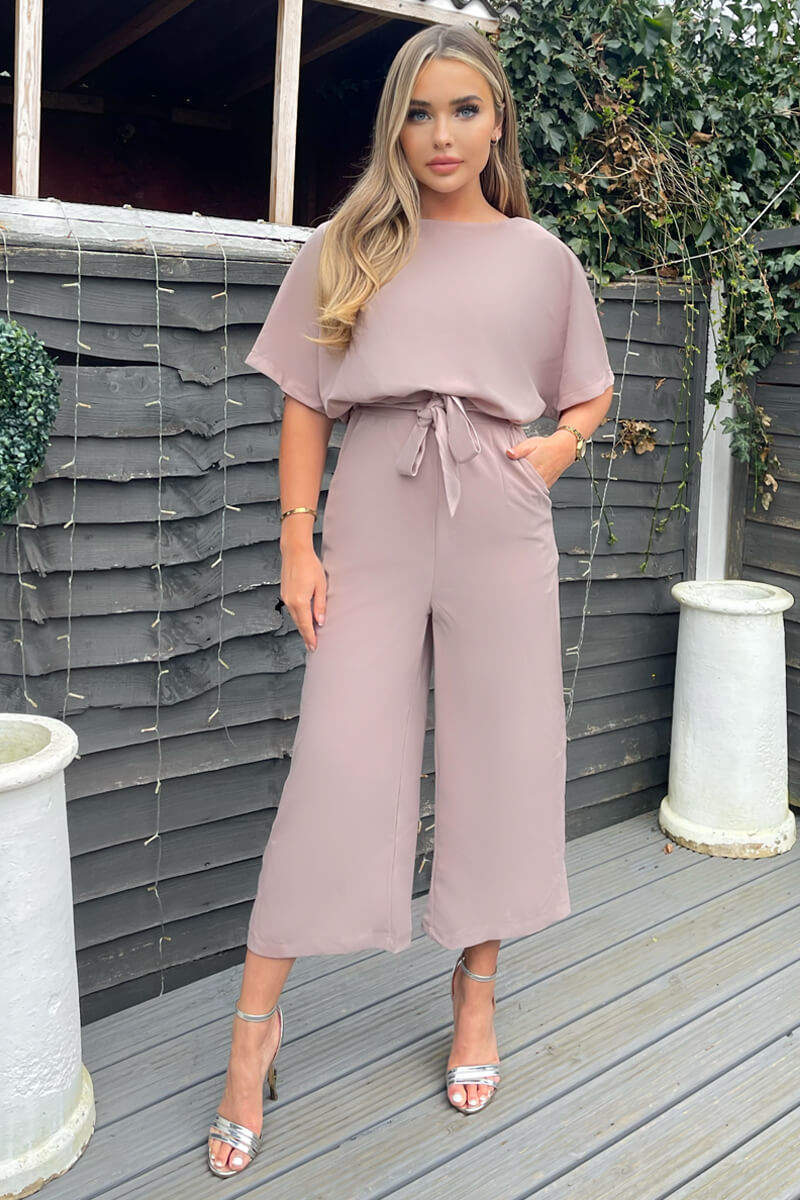 Mushroom Tie Waist Short Sleeve Culotte Jumpsuit - Swimclubus