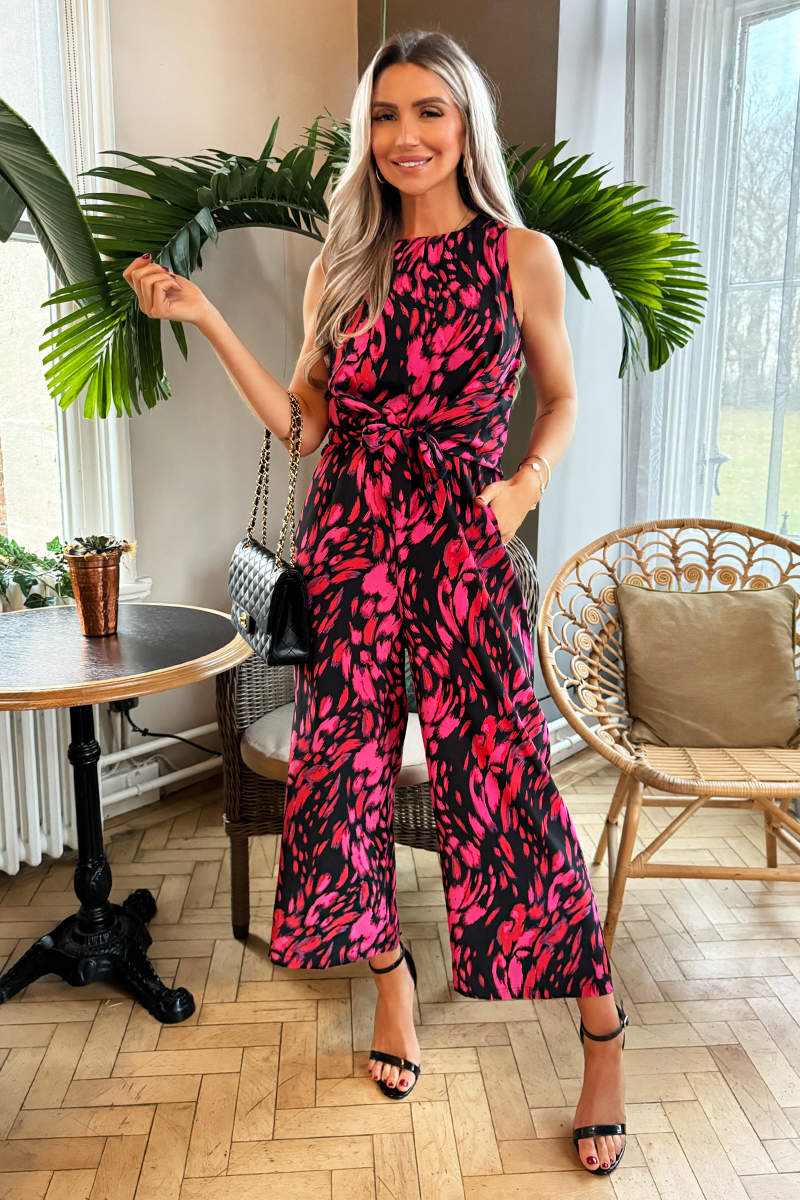 Pink And Black Printed Sleeveless Knot Front Jumpsuit - Swimclubus
