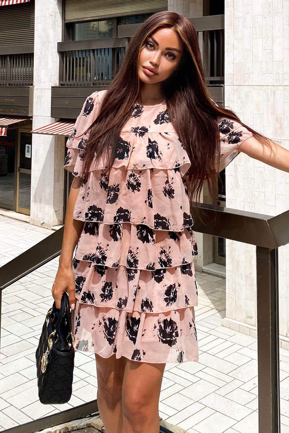 Dusty Pink Floral Printed Tiered Dress - Swimclubus