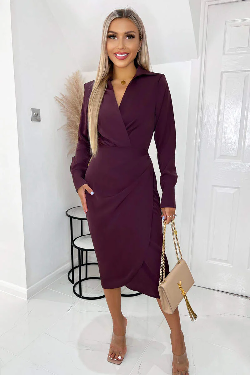 Plum Long Sleeve Midi Dress With Shoulder Pads - Swimclubus