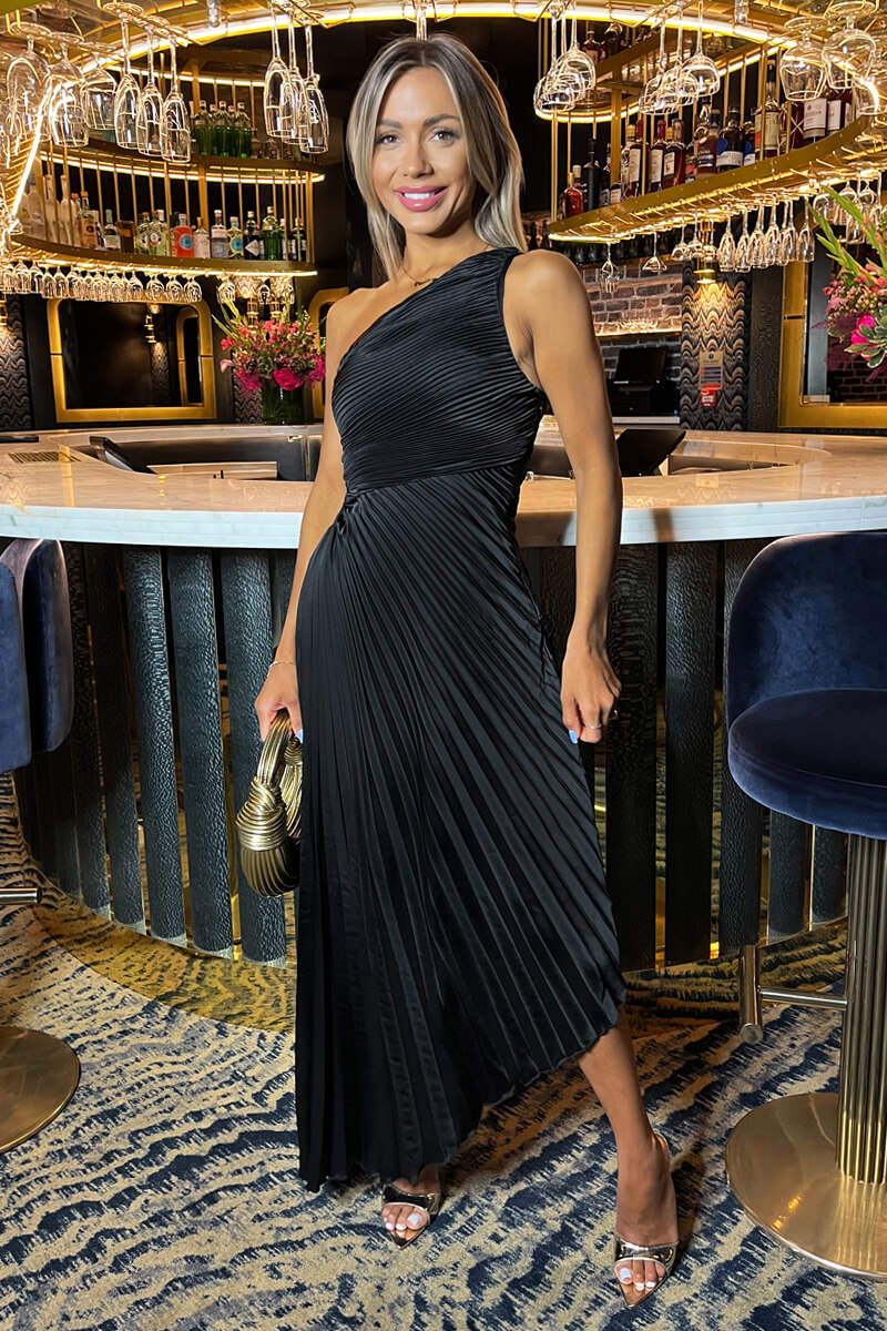 Black One Shoulder Pleated Satin Midi Dress - Swimclubus