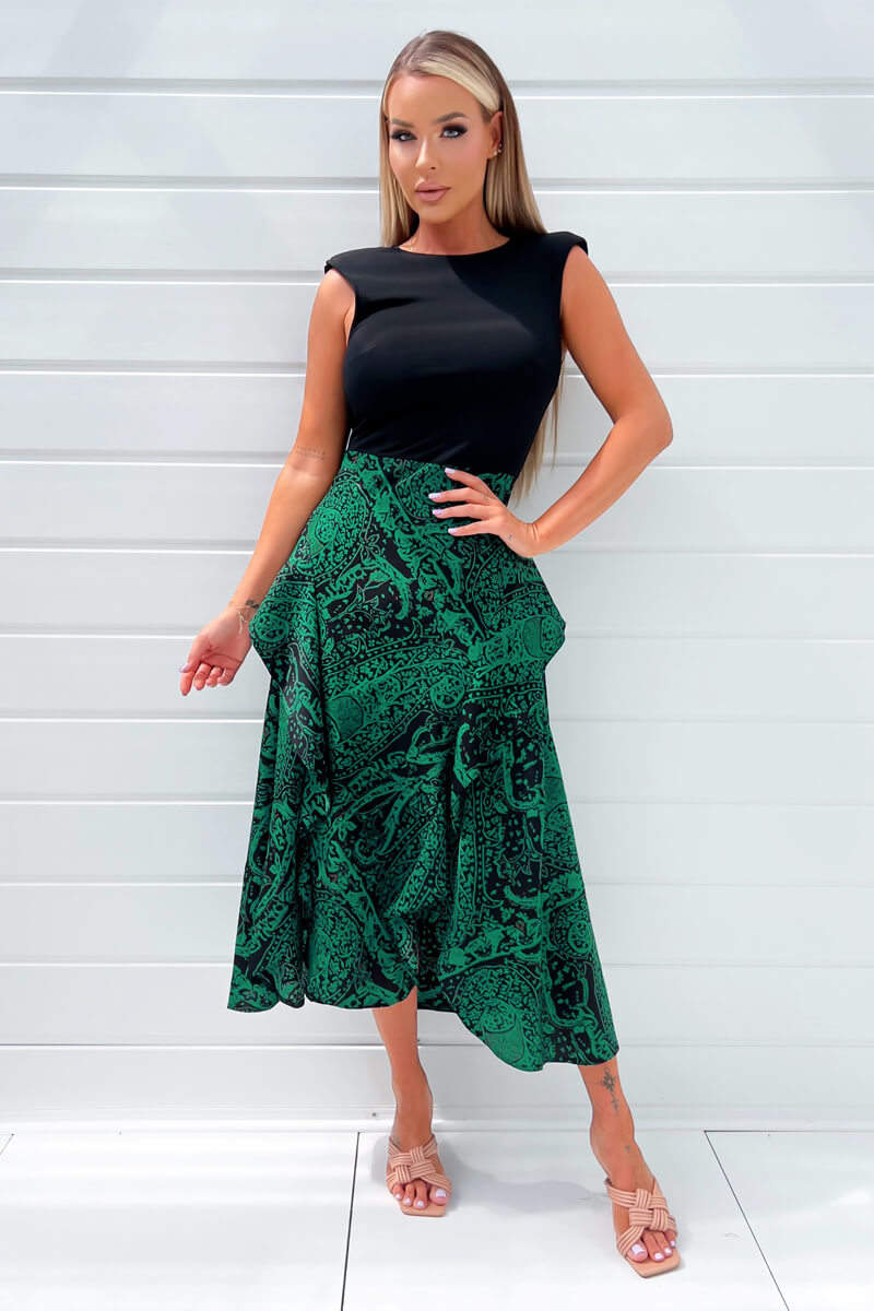 Green And Black Printed 2 In 1 Padded Shoulder Midi Dress - Swimclubus