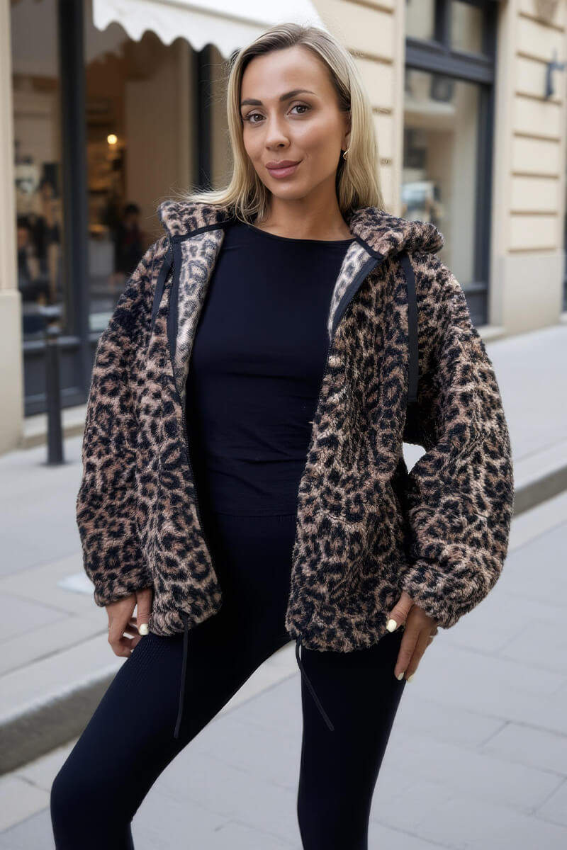 Leopard Print Drawstring Hooded Teddy Jacket - Swimclubus