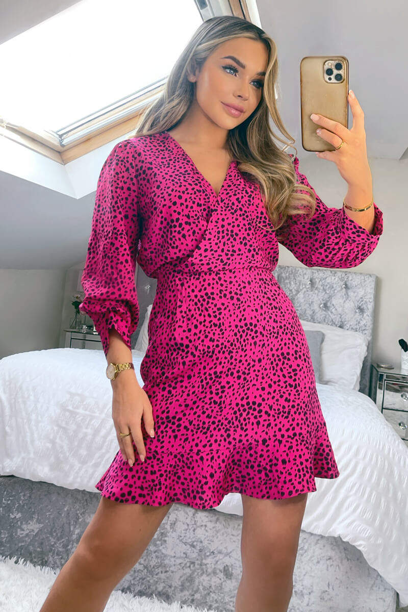 Pink And Black Printed Cuffed Sleeve Mini Dress - Swimclubus