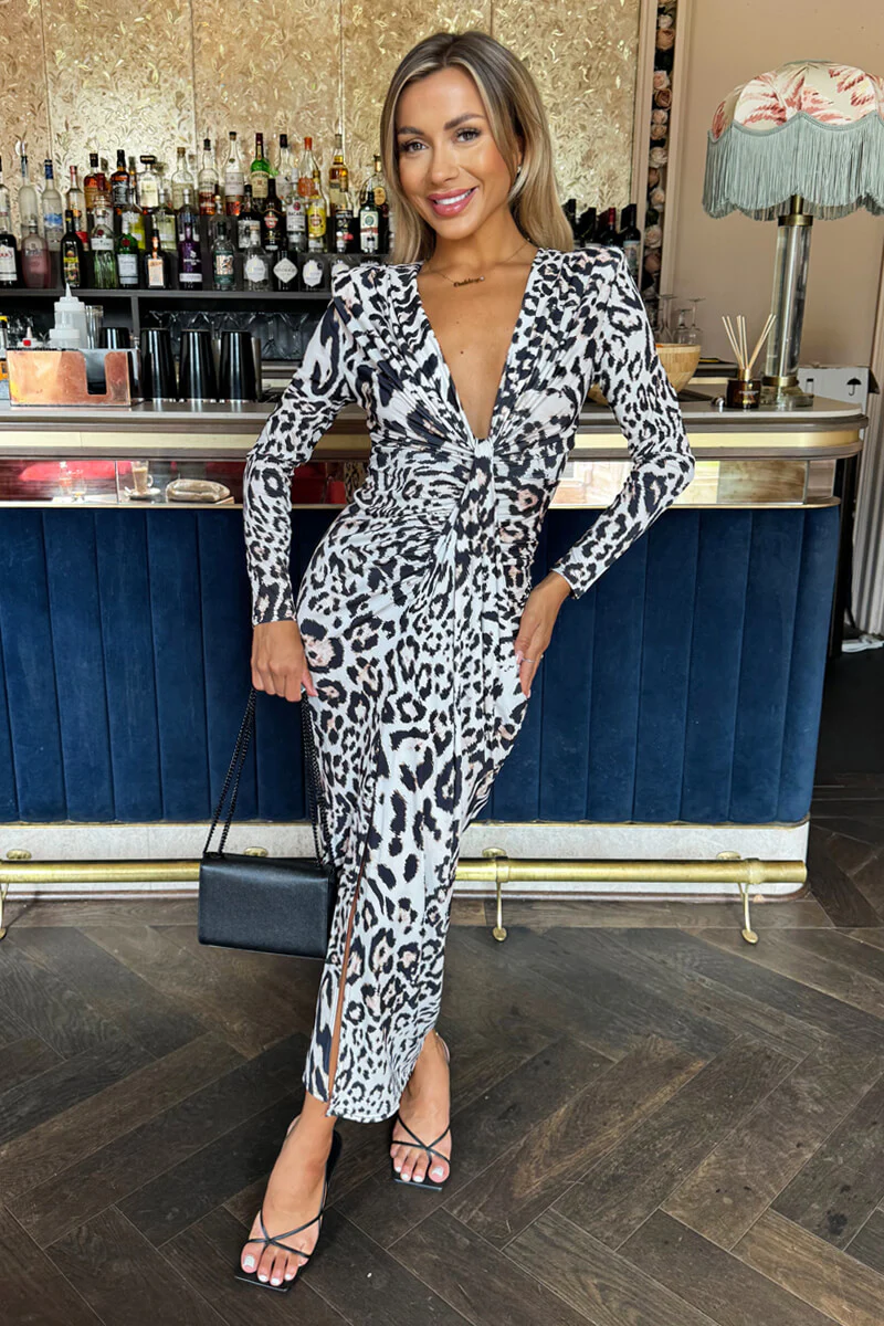 Cream Leopard Print Long Sleeve V Neck Knot Drape Midi Dress - Swimclubus
