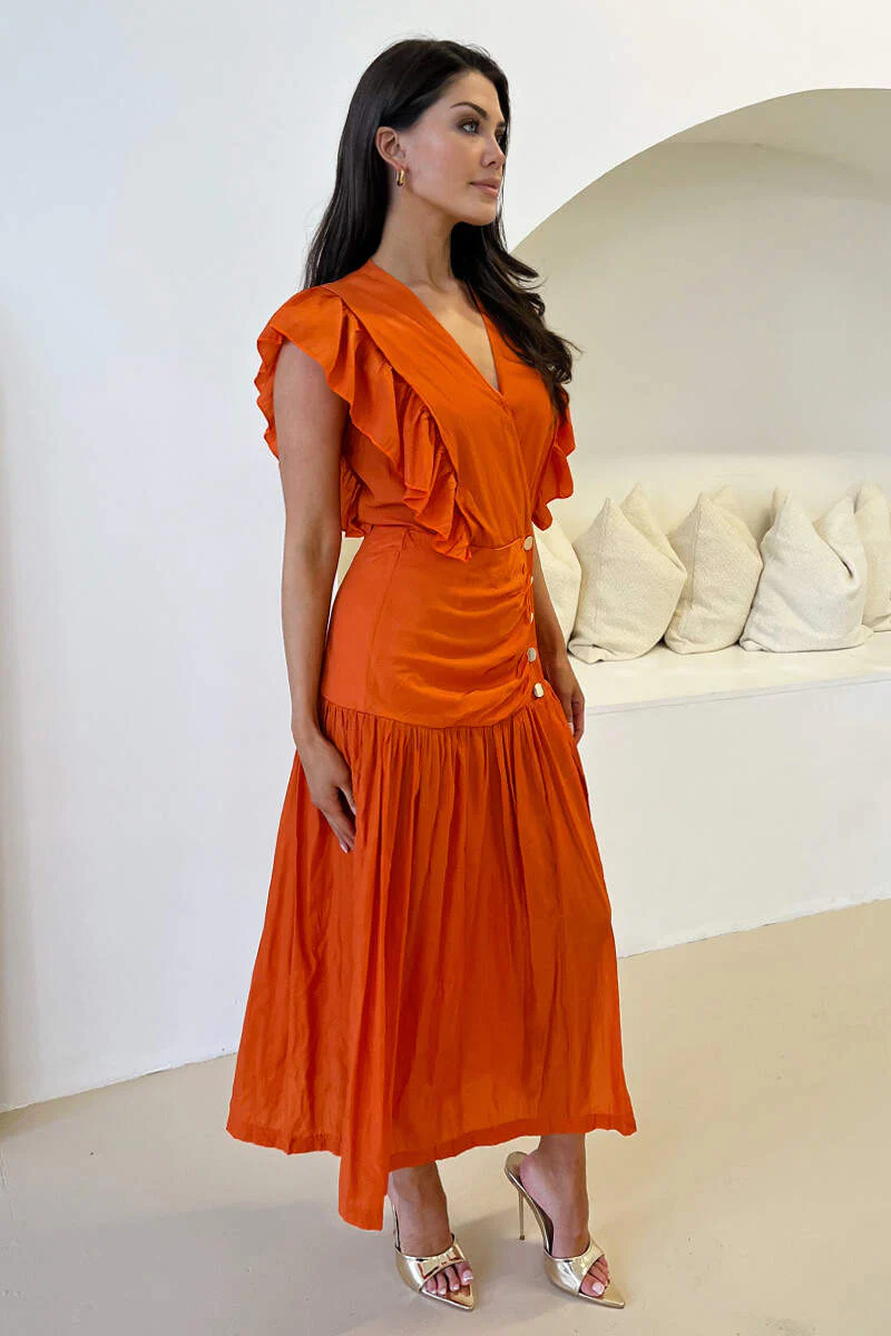 Orange Frill Shoulder Button Front Midi Dress - Swimclubus