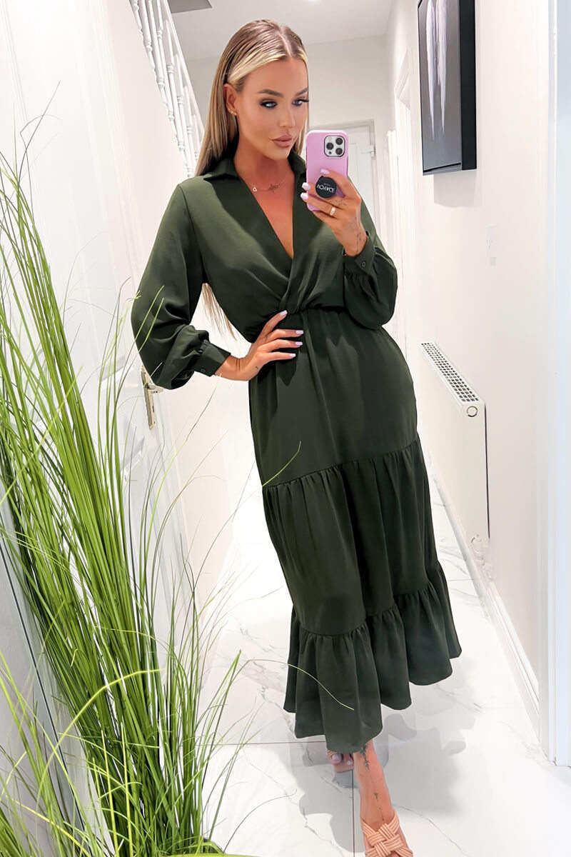 Olive Long Sleeve Wrap Top Smock Midi Dress - Swimclubus