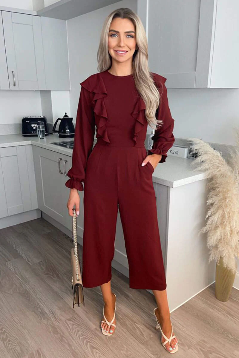Wine Frill Front Long Sleeve Jumpsuit - Swimclubus