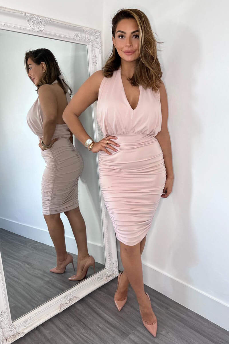 Nude Halter Tie Neck Ruched Midi Bodycon Dress - Swimclubus