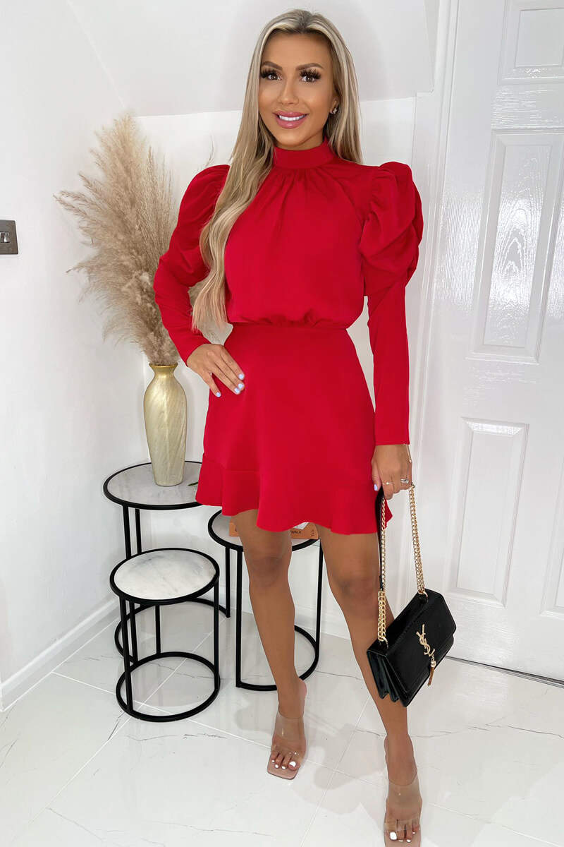 Red Puff Sleeve Skater Dress - Swimclubus