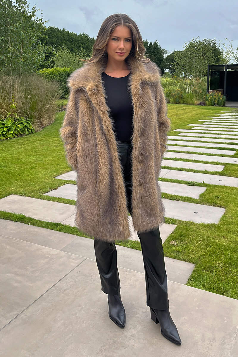 Brown Faux Fur Long Jacket - Swimclubus