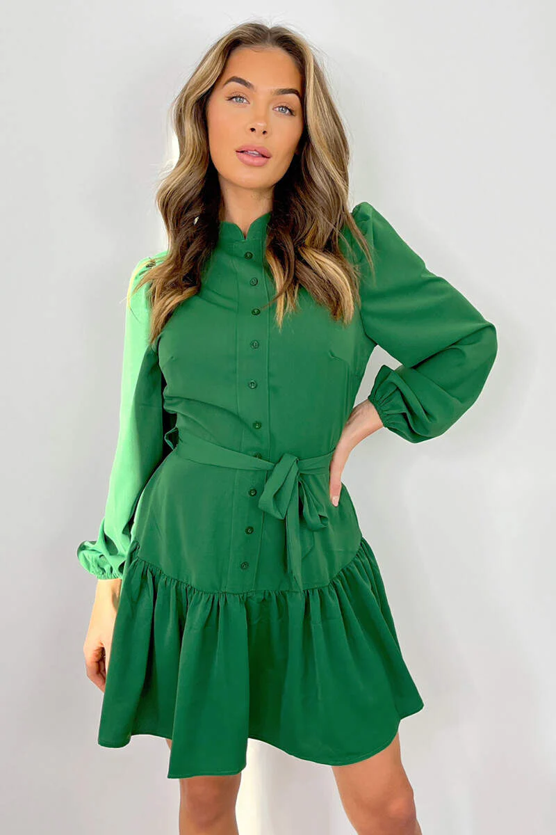Green High Neck Button Frill Hem Dress - Swimclubus