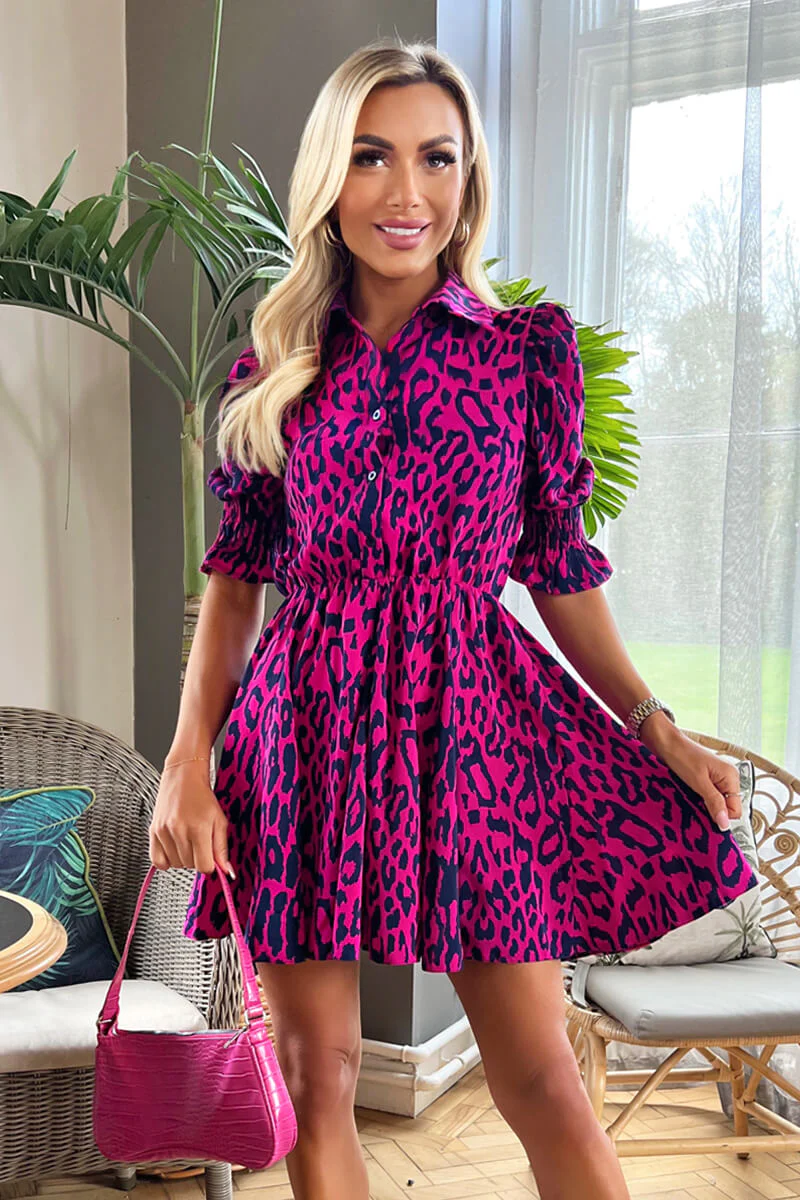 Cerise And Navy Animal Print Puff Sleeve Shirt Skater Dress - Swimclubus