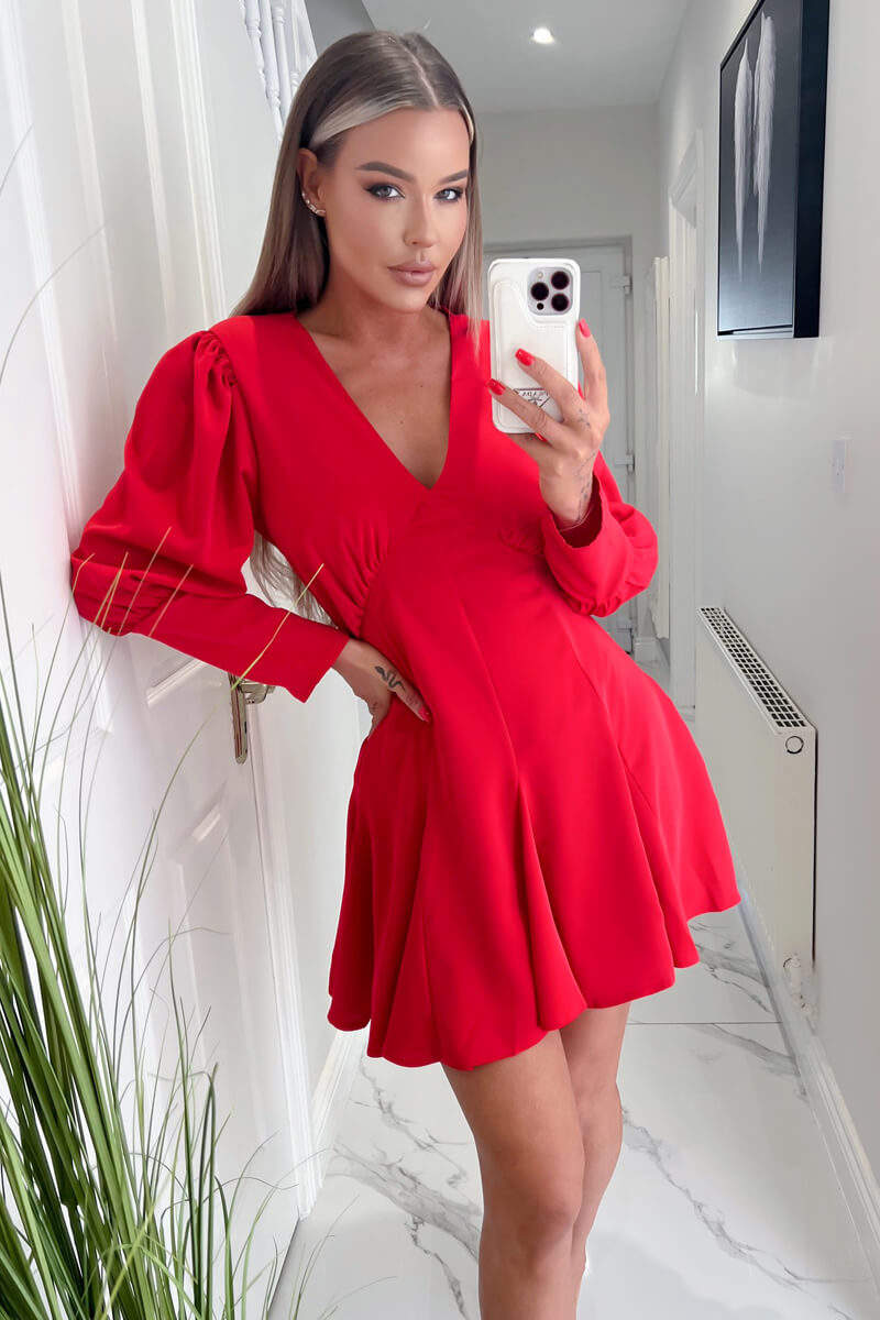 Red V-Neck Long Sleeve Skater Dress - Swimclubus