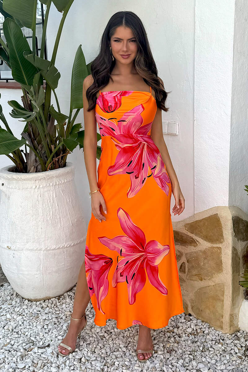 Orange And Pink Floral Print Strappy Slip Midi Dress - Swimclubus
