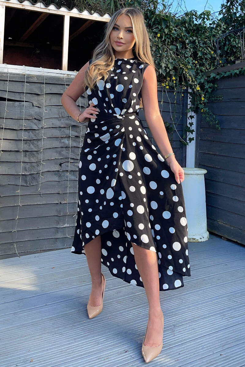Black And White Polka Dot Gathered Midi Dress - Swimclubus