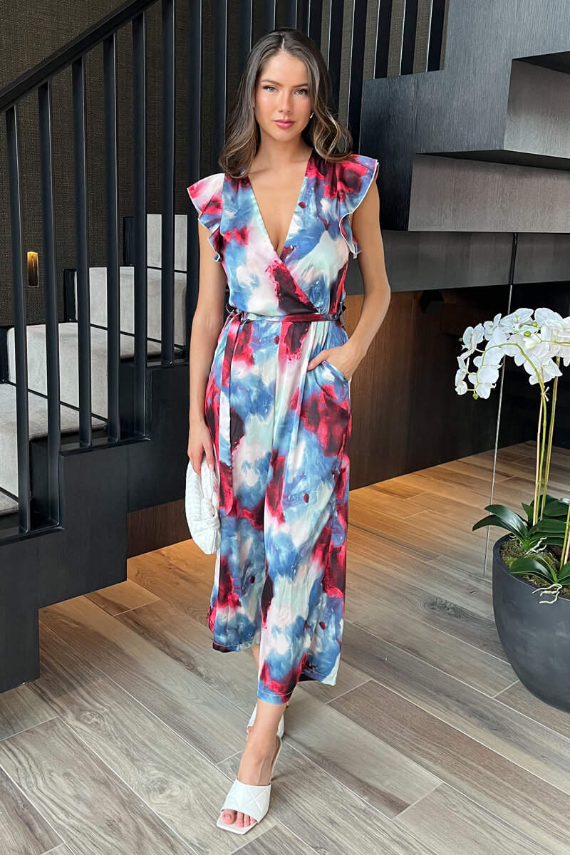Multi Smudge Print Wrap Top Belted Jumpsuit - Swimclubus