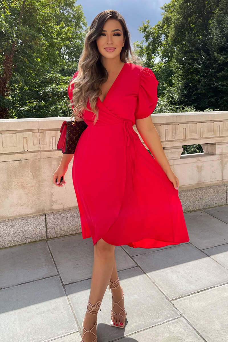 Red Wrap Over Tie Midi Dress - Swimclubus
