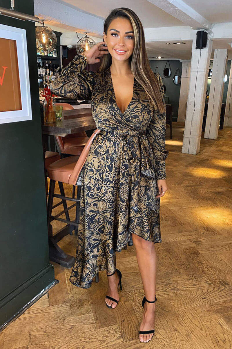 Black Butterfly Printed Wrap Midi Dress - Swimclubus