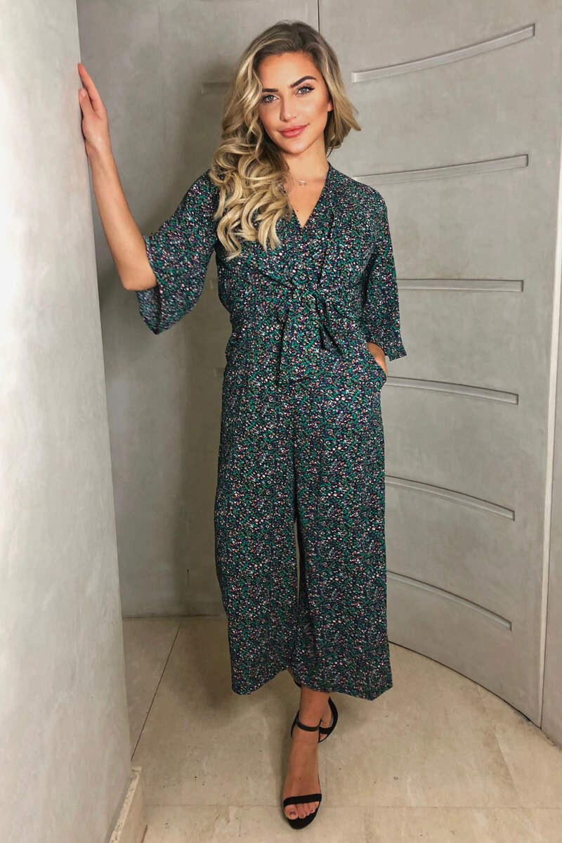 Multi Floral Ditsy Print Tie Front Jumpsuit - Swimclubus