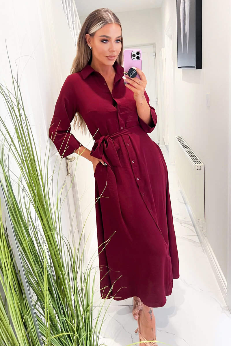Wine Button Up Midi Shirt Dress - Swimclubus