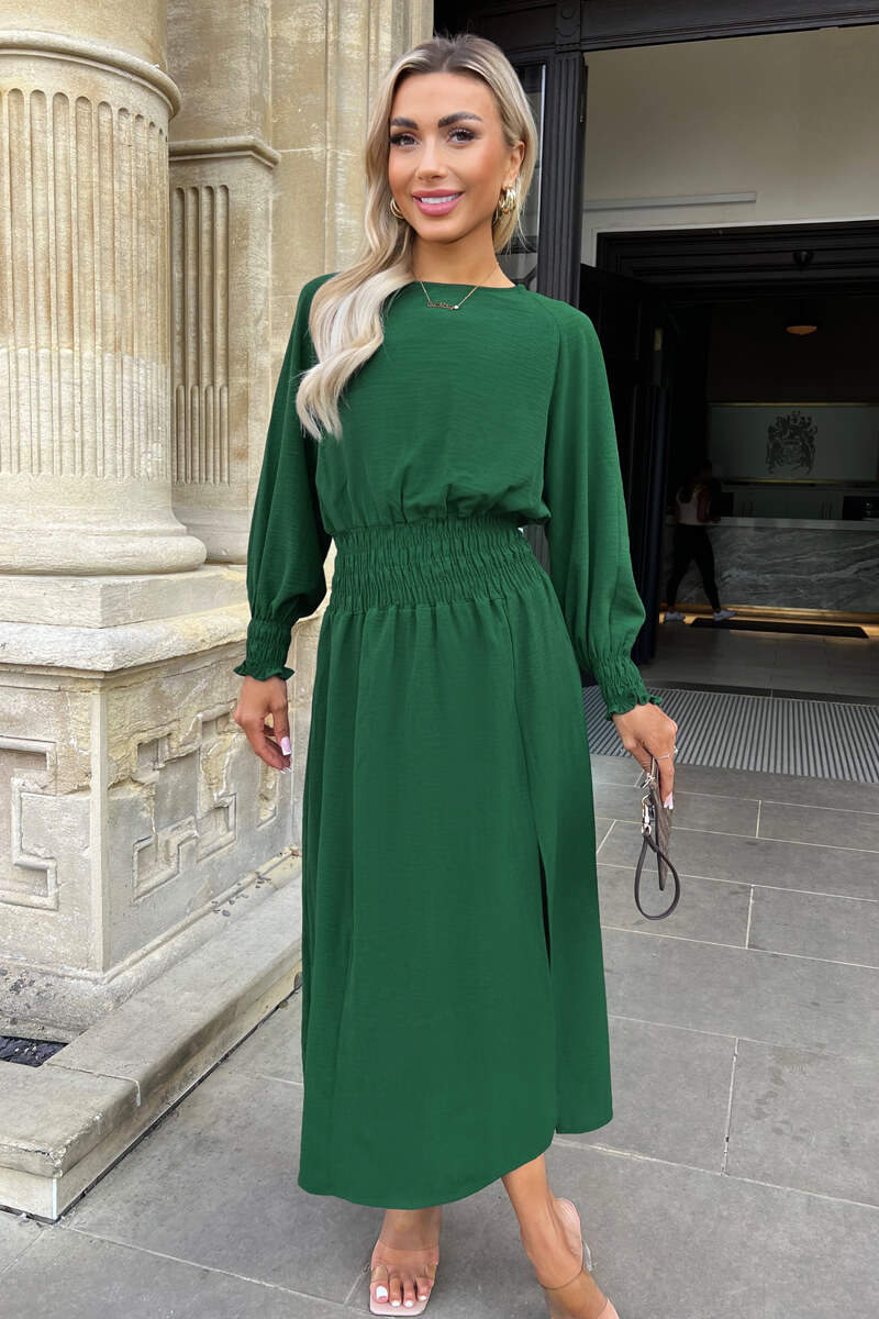 Teal Long Sleeve Shirred Detail Midi Dress - Swimclubus