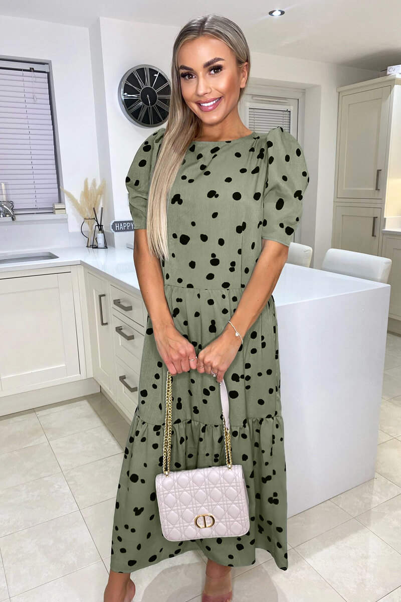 Khaki Polka Dot Short Sleeve Tiered Midi Dress - Swimclubus