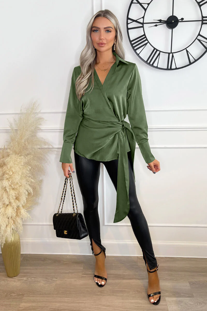 Olive Satin Tie Waist Wrap Shirt - Swimclubus