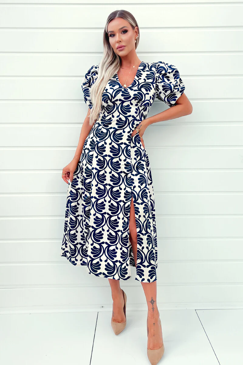Stone And Navy Printed Short Puff Sleeve V Neck Midi Dress - Swimclubus