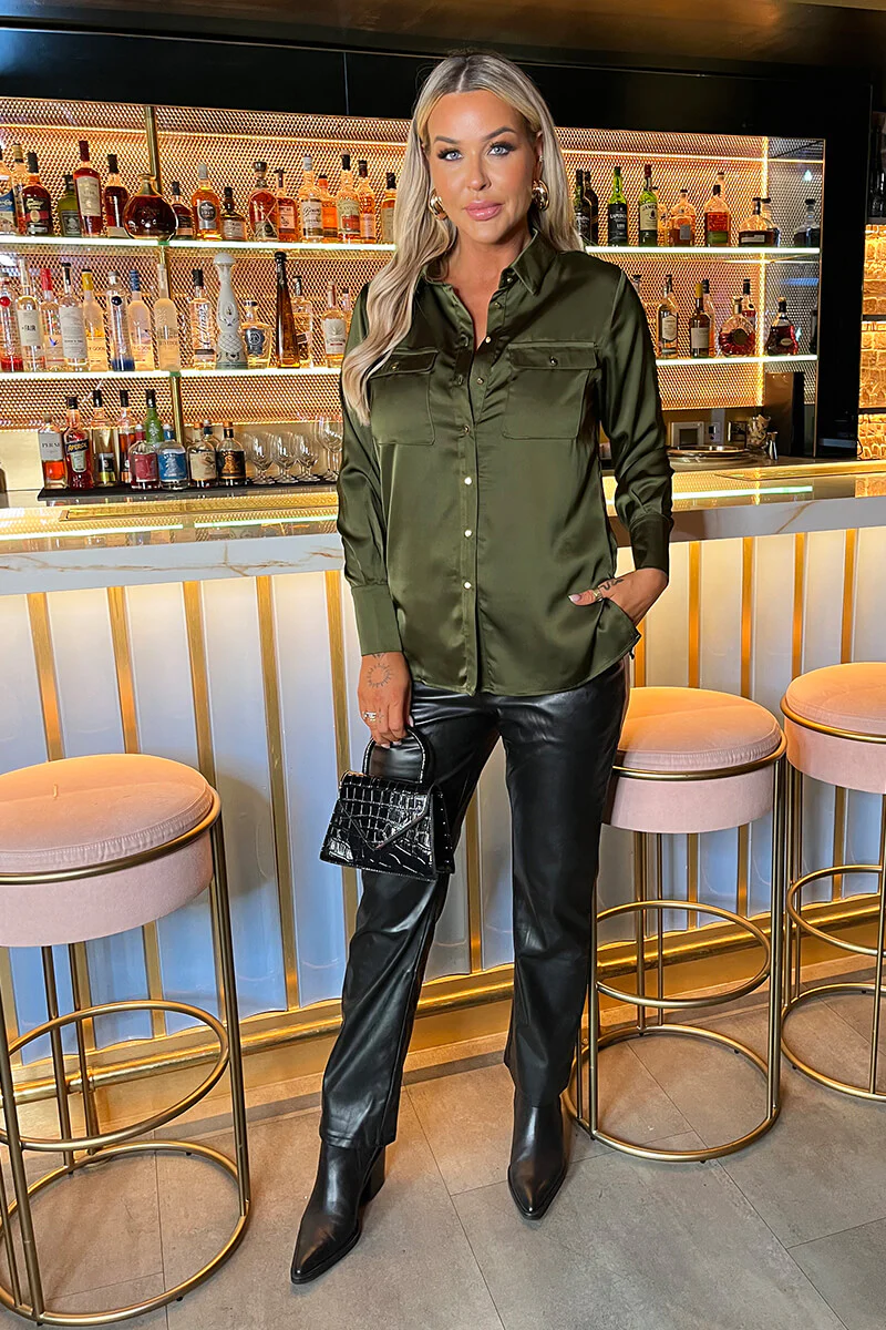 Olive Satin Long Sleeve Gold Button Shirt - Swimclubus