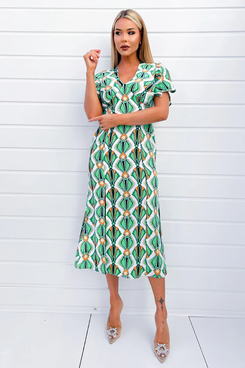 Multi Print V Neck Tie Detail Short Sleeve Midi Dress - Swimclubus