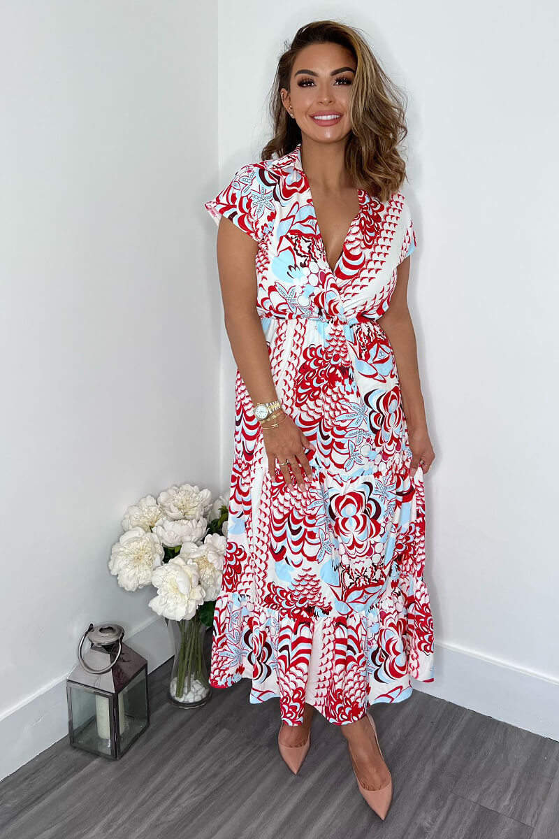 Red Cream And Blue Printed Maxi Smock Dress - Swimclubus