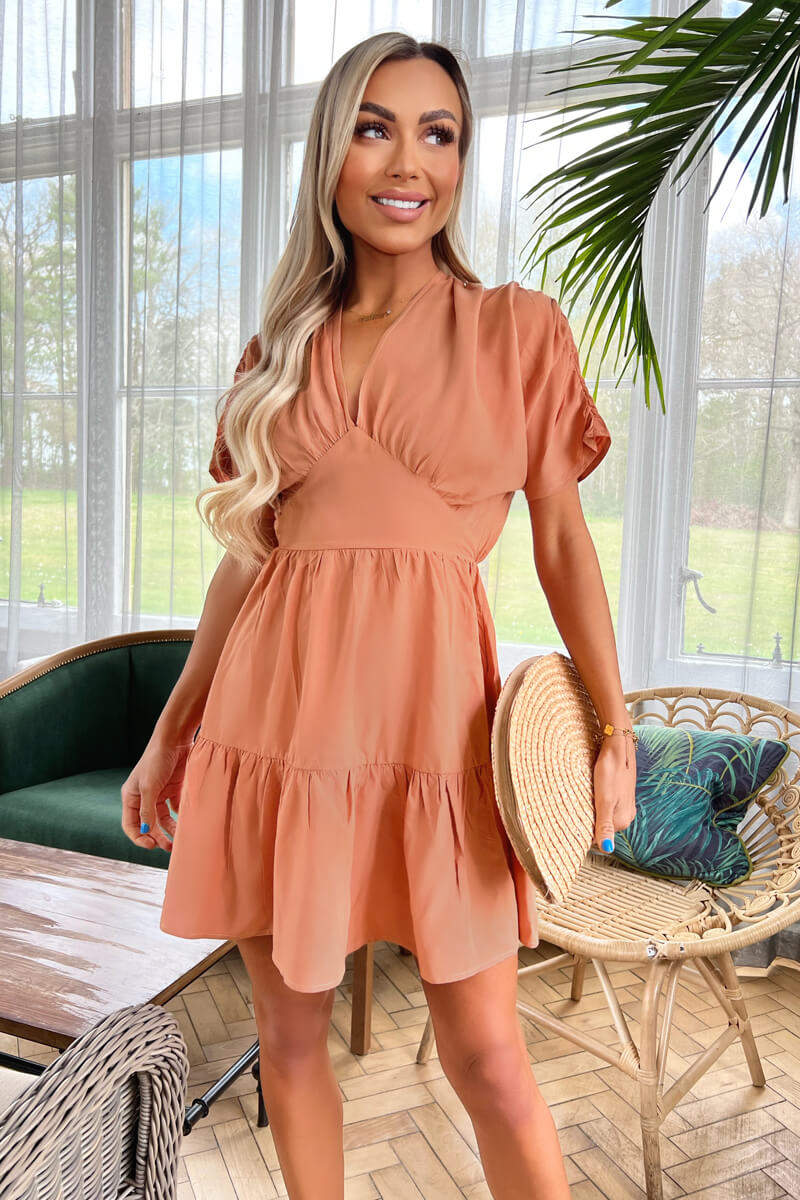 Terracotta Short Sleeve Tie Back V Neck Mini Dress - Swimclubus