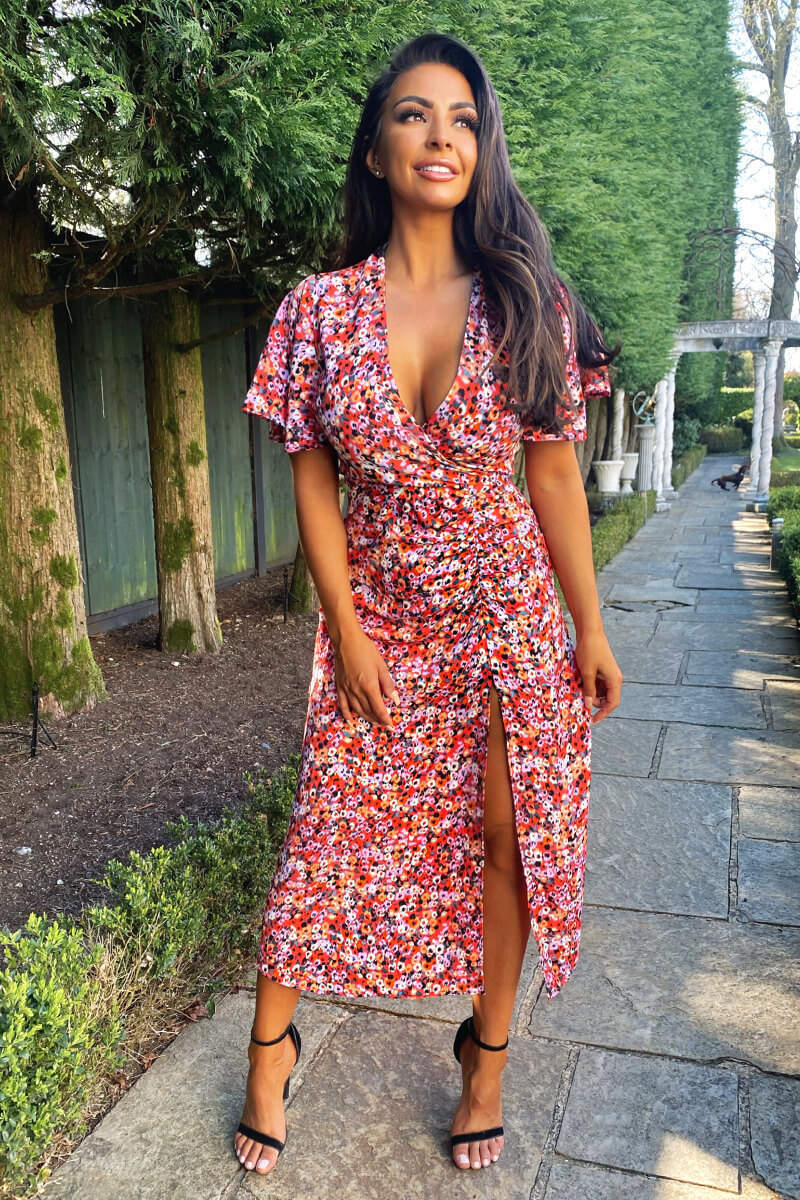 Red Ditsy Print Wrap Midi Dress - Swimclubus