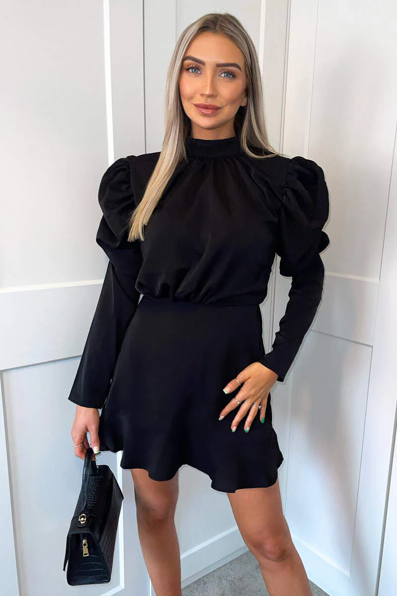 Black Puff Sleeve Skater Dress - Swimclubus