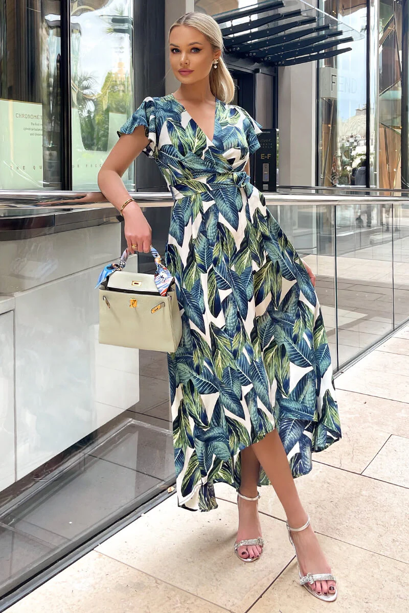 Blue Leaf Print Short Sleeve Belted Wrap Midi Dress - Swimclubus