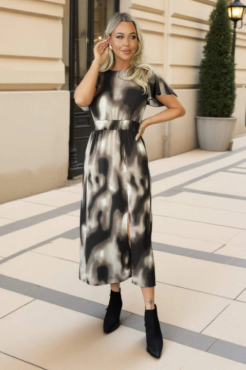Brown Watercolour Print Flutter Sleeve Midi Dress - Swimclubus