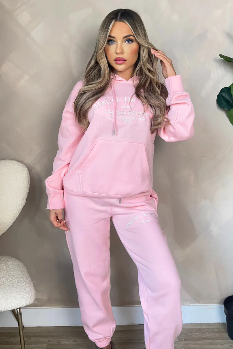 Pink Atelier Embroidered Slogan Hoodie Lounge Set - Swimclubus