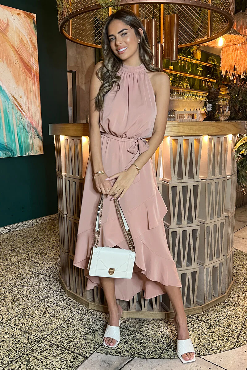Blush Halterneck Dipped Hem Midi Dress - Swimclubus