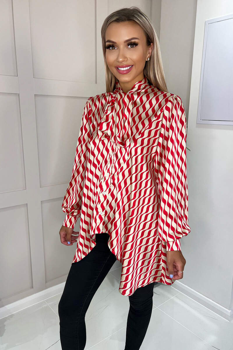 Red Printed Tie Neck Shirt - Swimclubus