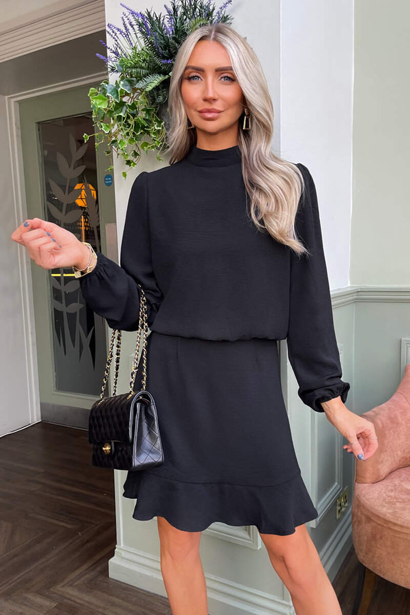 Black High Neck Long Sleeve Mini Dress - Swimclubus