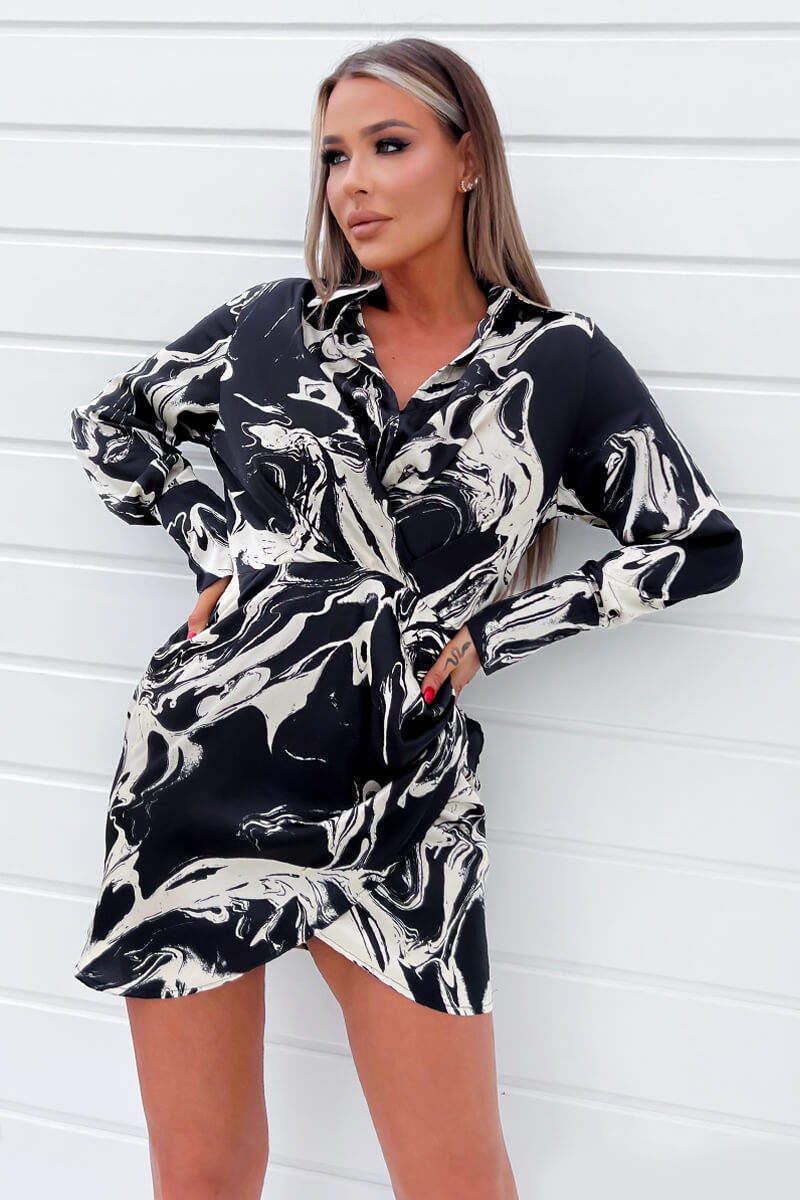 Black And Cream Marble Print Wrap Shirt Mini Dress - Swimclubus