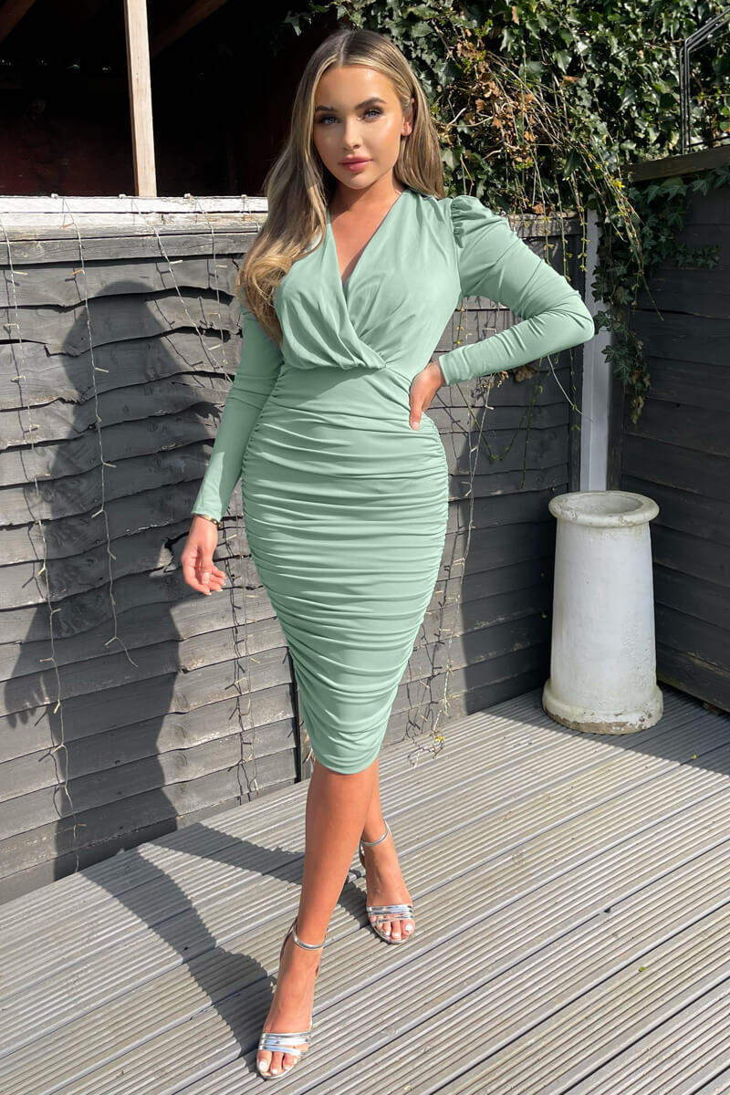 Duck Egg Ruched Long Sleeve Cross Front Midi Dress - Swimclubus
