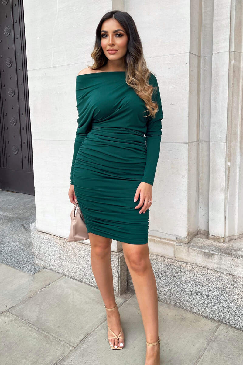 Teal Off The Shoulder Ruched Stretch Midi Dress - Swimclubus