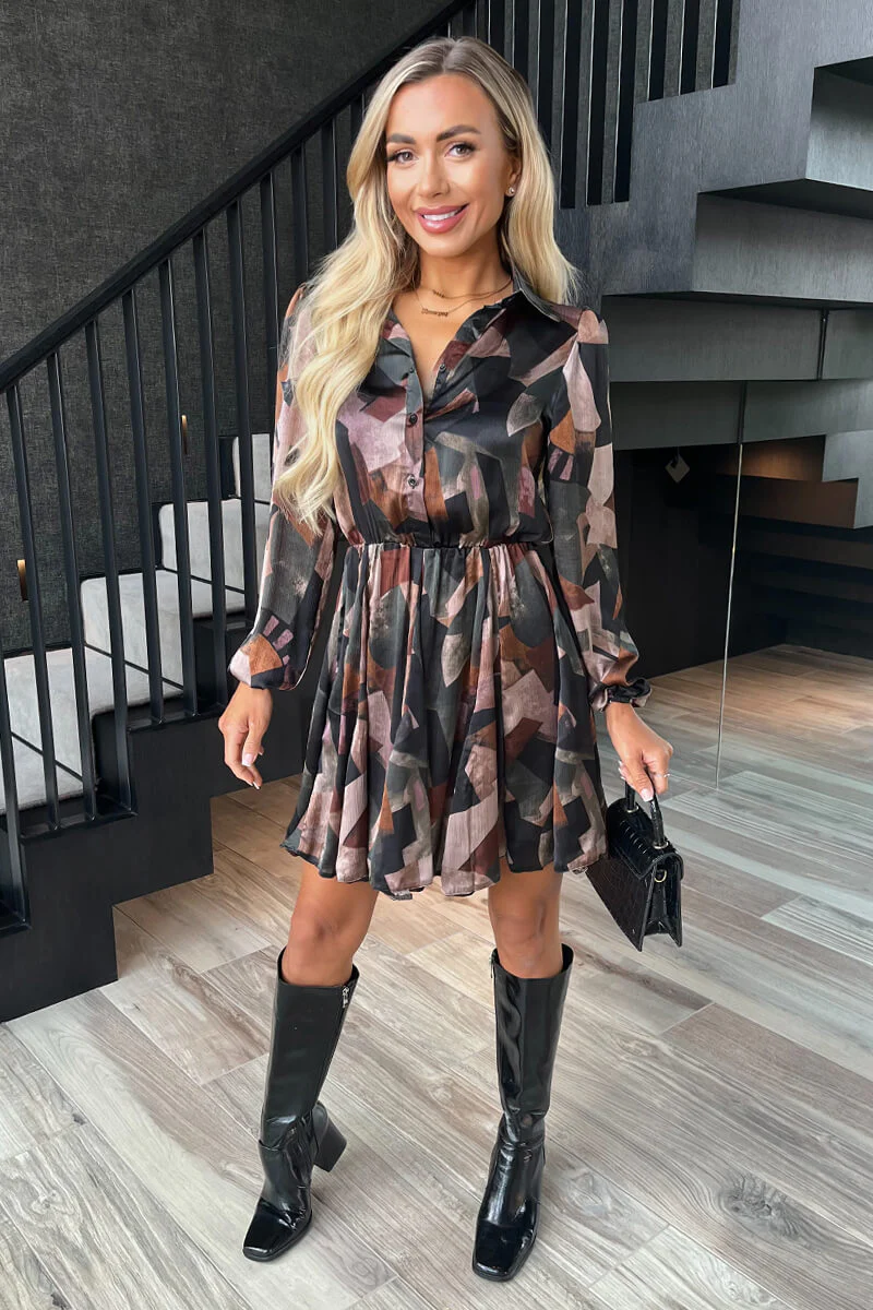 Multi Abstract Print Long Sleeve Mini Skater Dress - Swimclubus