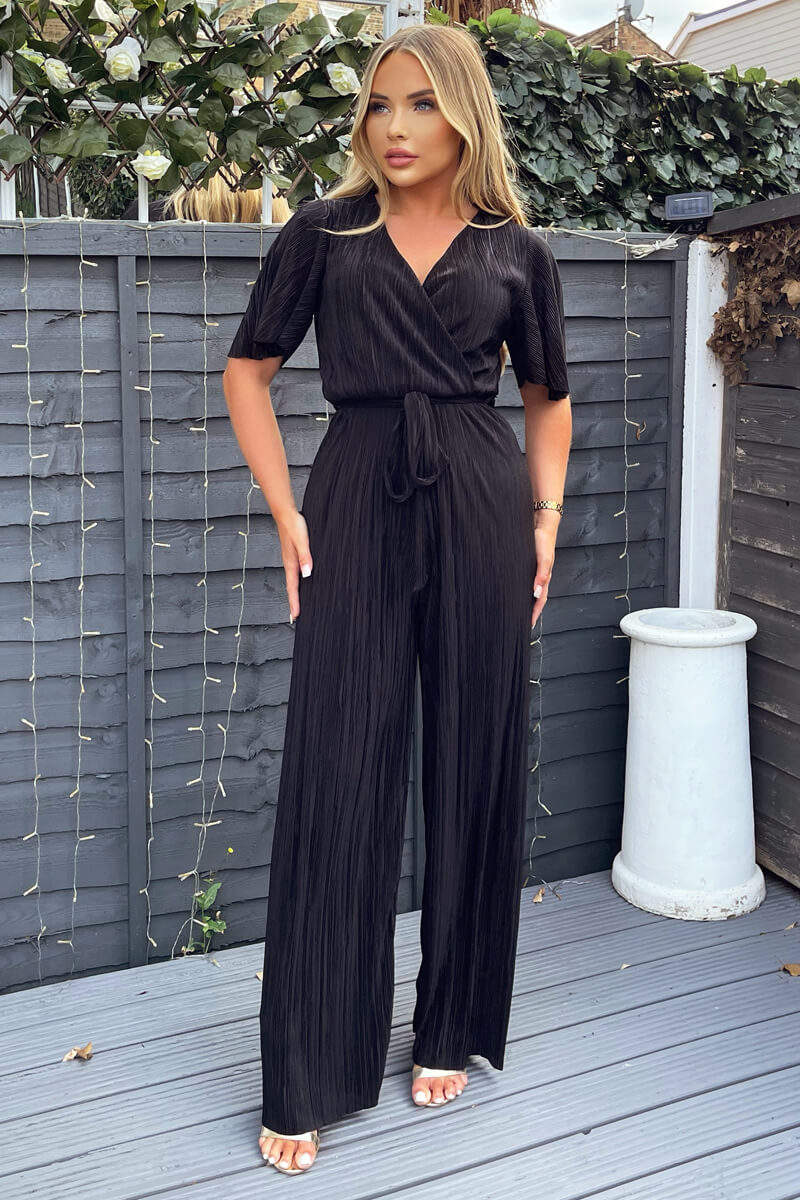 Black Plisse Wrap Top Jumpsuit - Swimclubus