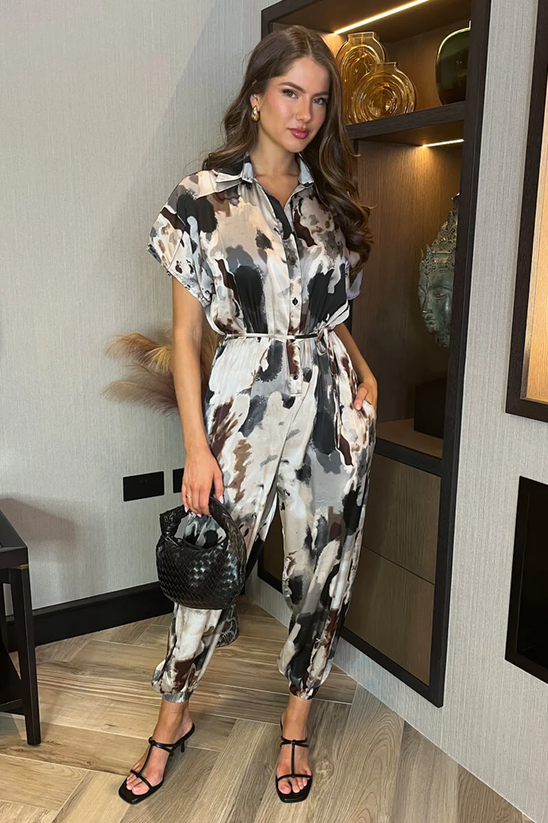 Multi Smudge Print Button Front Collared Tie Waist Jumpsuit - Swimclubus
