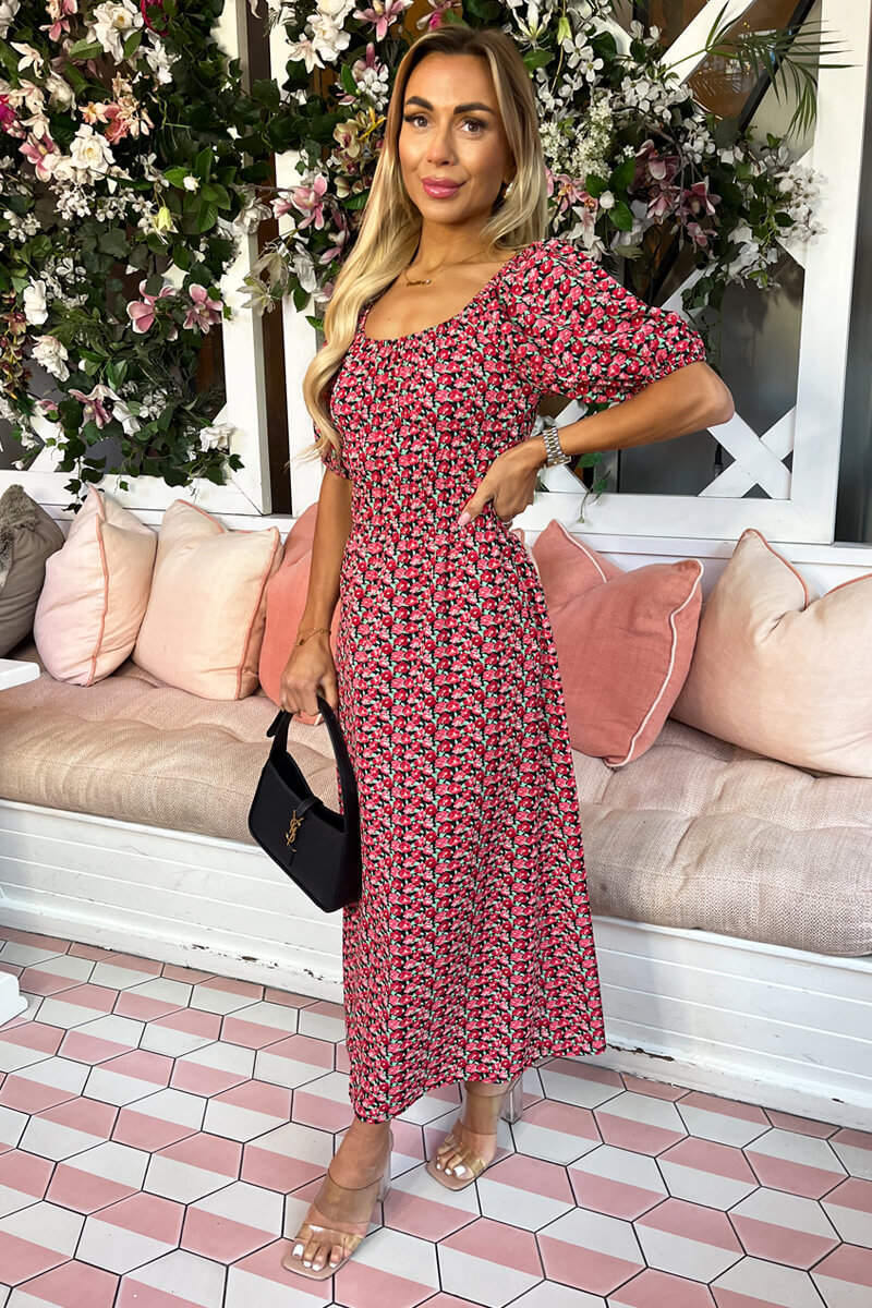 Red Multi Floral Printed Puff Sleeve Midi Dress - Swimclubus