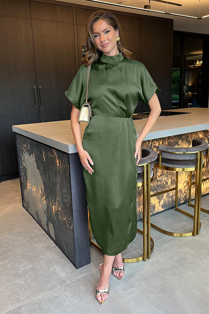 Olive Satin High Neck Wrap Skirt Midi Dress - Swimclubus